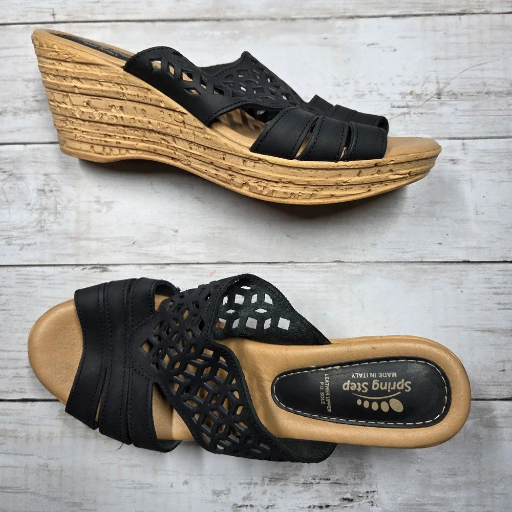 Spring Step Laser Cut Leather Wedge Slide Mule Sandals Womens‎ 9 Black Italy